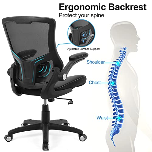 Office Chair Ergonomic Desk Chair, Computer PU Leather Home Office Chair, Swivel Mesh Back Adjustable Lumbar Support Flip-...