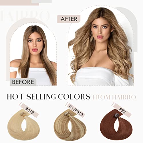 Hairro Nano Ring Hair Extensions Keratin Nano Bead Human Hair Pre Bonded Cold Fushion Highlight Microlink I Tip Hair Extensions For Women 22inch 50g/PACK 50 Strands #4P27 Medium Brown Mix Dark Blonde