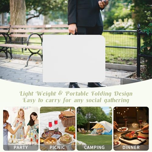 Fivenl 2 Pack 6 FT Folding Tables White Foldable Table, Fold-in-Half with Carrying Handle Portable Plastic Rectangular Tab...