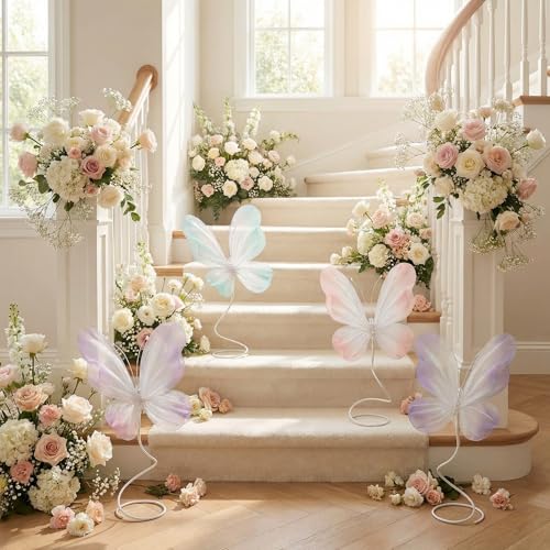 Roowest 4pcs Butterfly Party Decorations Table Centerpiece Gradient Silk Flying Large Butterfly Centerpiece 3D Pink Purple...