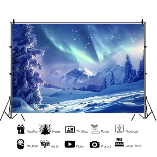 10x8ft Winter Aurora Borealis Backdrop Snow Mountain Pine Trees Forest Northern Lights Photography Background Winter Wonde...