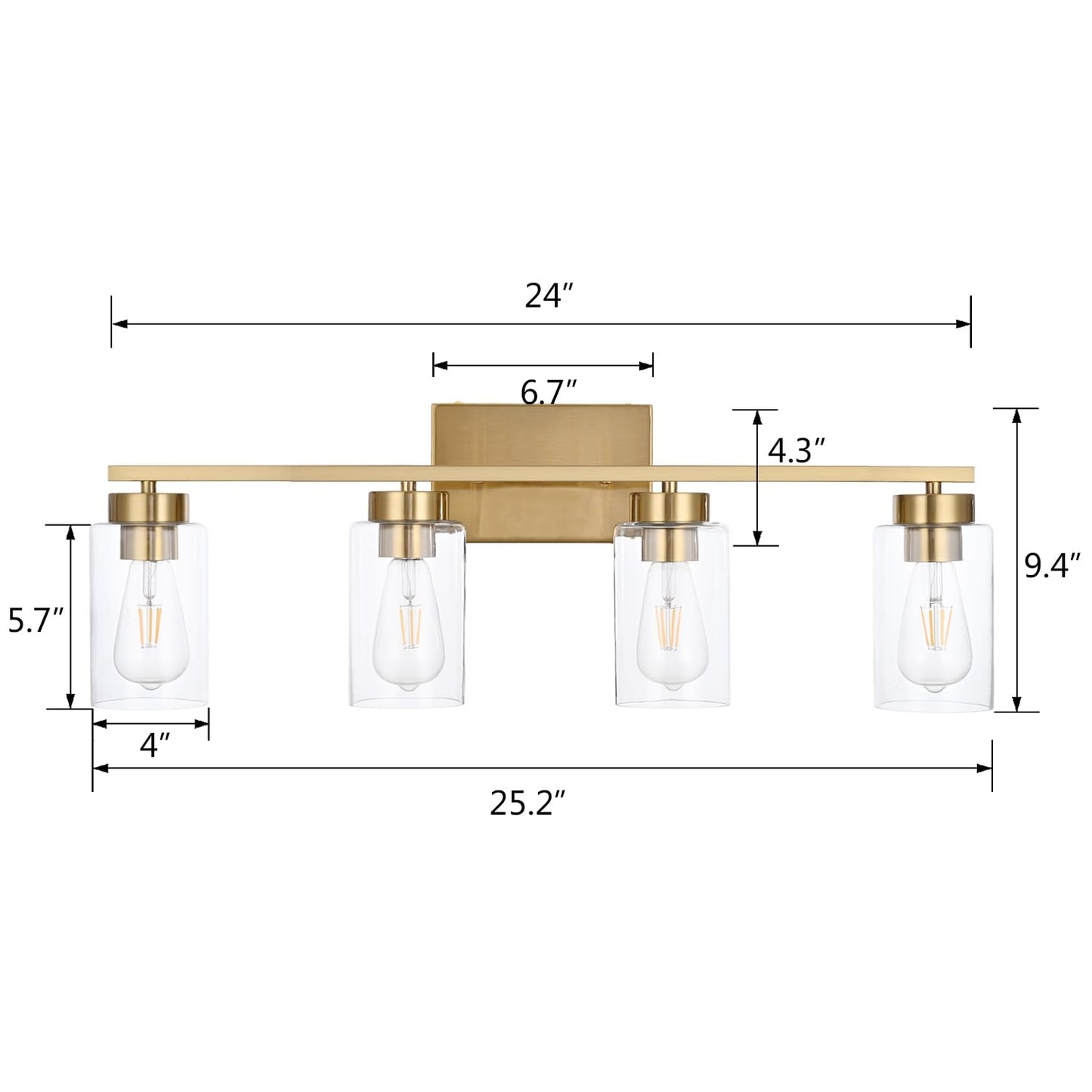 A1A9 4 Light Bathroom Vanity Light Fixtures, Brushed Brass Modern Wall Lights with Clear Glass Shade, Vintage Wall Sconce Lighting for Living Room, Mirror, Bedroom, Hallway (Gold, 4-Lights)
