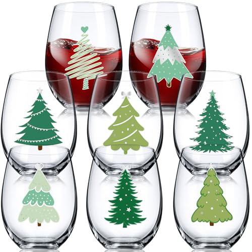 Umigy 8 Pcs Christmas Wine Glasses Green Tree Xmas Stemless Wine Glass 15 oz Winter Green Christmas Tree Glasses for Party...