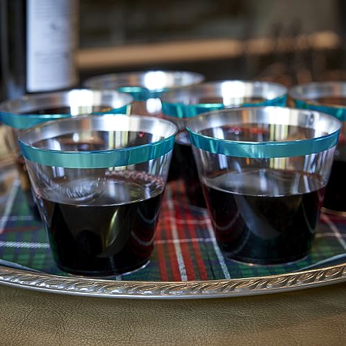 100 Teal Rimmed Plastic Cups and 1 Silver Ice Tong Set - 9 Ounce Disposable Wine Glasses - Plastic Cocktail Glasses - Fanc...