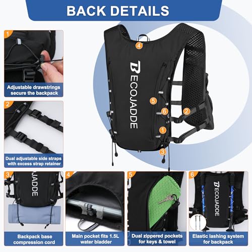 BECOJADDE Running Vest Hydration Backpack for Men Women, 5L Lightweight Running Backpack Hydration Pack for Marathon, Trai...