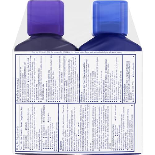 Mucinex Maximum Strength Sinus-Max Severe Congestion & Pain + Nightshift Sinus Liquid, Cold and Flu Medicine for Adults, Over-The-Counter Medication for Multi-Symptom Relief, 2x6 Fl Oz