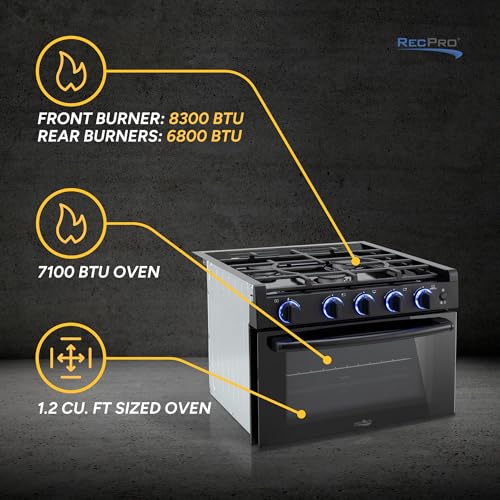 RecPro RV High Pointe Stove Black Finish | Gas Range 17" Tall | 6800 and 8300 BTU Three Burner | 7100 BTU Oven with 1.2 C...