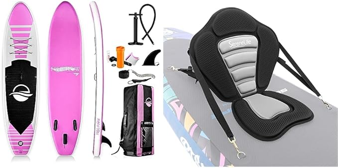 SereneLife Inflatable Stand Up Paddle Board (6" Thick), Pink & Universal Paddle-Board Seat - Adjustable Paddle Board Seat
