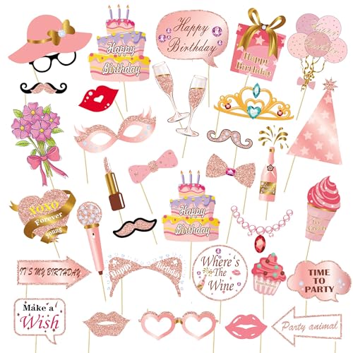 33PCS Glitter Birthday Photo Booth Props, LMSHOWOWO Rose Gold Party Photobooth Props Fun Selfie Props with Lips, Crowns, F...