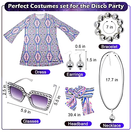 MRYUWB 70s Women Disco Dress Hippie Costumes Necklace Earrings Glasses, 60's 70's Birthday Outfits, 1970s Prom Bling Dress