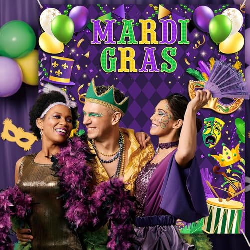 AIBIIN Mardi Gras Backdrop Mardi Gras Decorations Photo Booth Props Carnival Masquerade Mask Banner Purple Glitter Beads M...