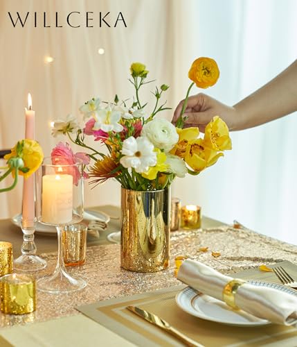 Willceka Gold Cylinder Vases for Centerpieces, Modern Glass Vase Set of 12 Decorative Hurricane Candle Holder for Pillar C...