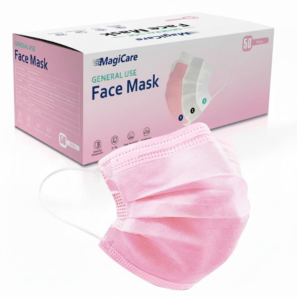 MAGICARE Pink Face Mask, Disposable - 3 Ply, Premium Pink Mask for Adults - Soft, Breathable, Comfortable - Disposable Face Masks for Women & Men (50/Box)