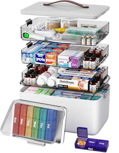 CTIME 4-Tier XL Medicine Organizer with Leather Handle - Portable Pill Case & Empty First Aid Kit for Home, Travel, RV, Sc...