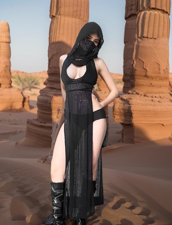Women's Streetwear Rave Outfits High Slit Off Shoulder Hooded Dress Sexy Plunging Neckline Rave Swimsuit Cover Ups