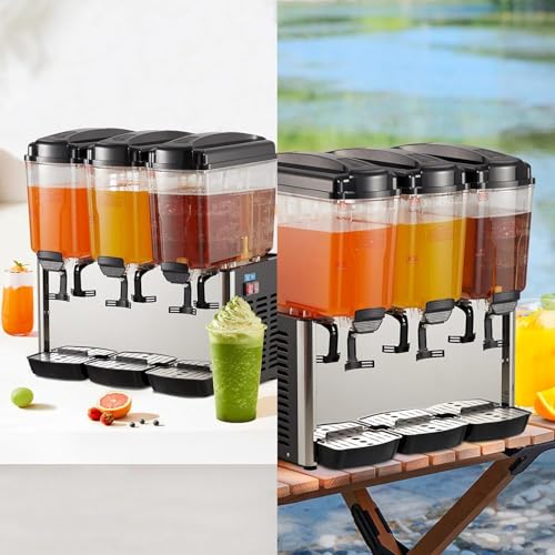 Commercial Beverage Dispenser, 3 Tanks 18 L/19QT Per Tank Juice Dispenser, 350w Stainless Steel Ice Tea Drink Machine with...