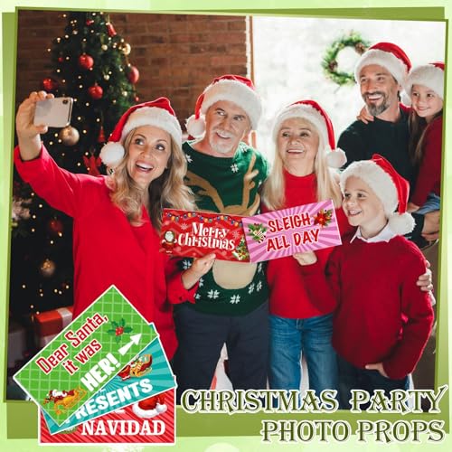 Beeveer 24 Designs Christmas Photo Booth Props Double Sided 11x5.51'' Christmas Party Decoration Red and Green Xmas Props ...