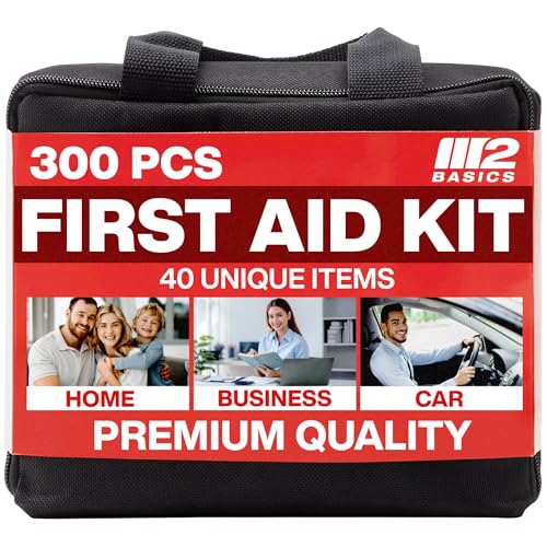 M2 BASICS Premium First Aid Kit, 300 Pieces, 40 Unique Items, All Purpose Kit for Home, Car, Business, Travel & Vehicle