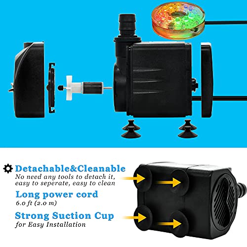 PULACO 160GPH Small Fountain Pump, 10Watt Submersible Pump with Automatic Color Changing LED Light and 3.3 ft Tubing for W...