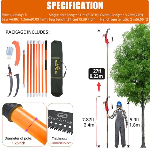 Grefinity Pole Saws for Tree Trimming, 27 FT Manual tree purner with 8 Fiberglass Handles, Sharp steel Blade, Easy to Carr...