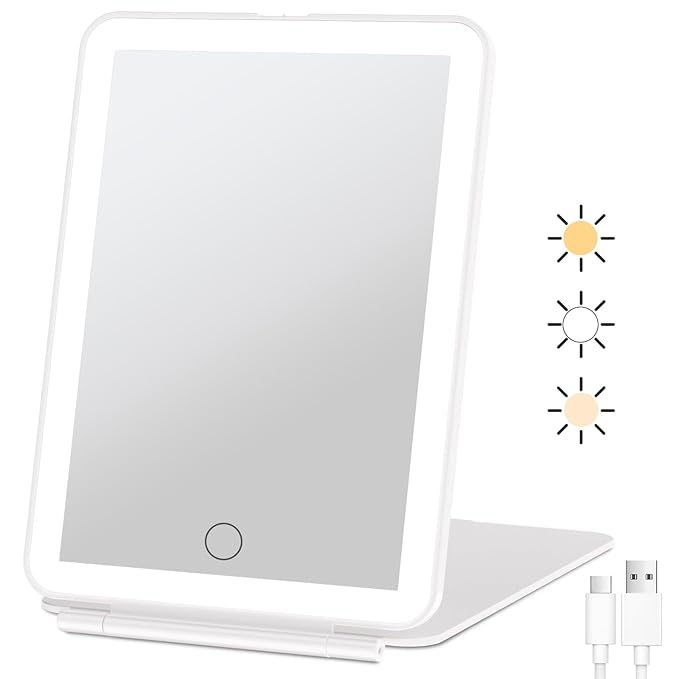 FUNTOUCH Rechargeable Travel Makeup Mirror with 72 Led Lights, Portable Lighted Beauty Mirror, 3 Color Lighting, Dimmable ...