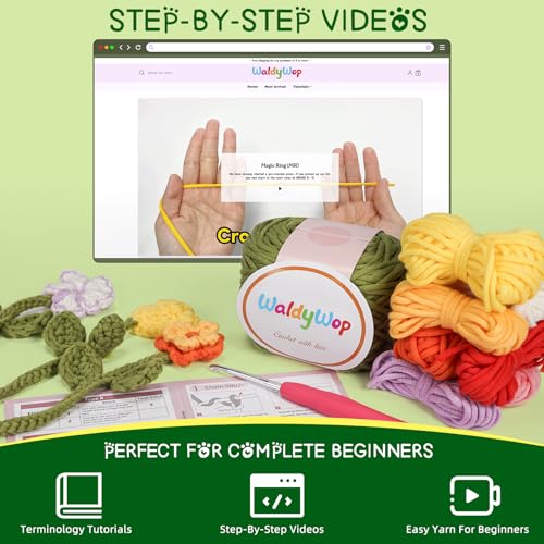 WaldyWop Crochet Kit for Beginners - 8 Flower Bookmarks Knitting Kit w/Step-by-Step Video Tutorials & Soft Yarn, Hook - Wo...
