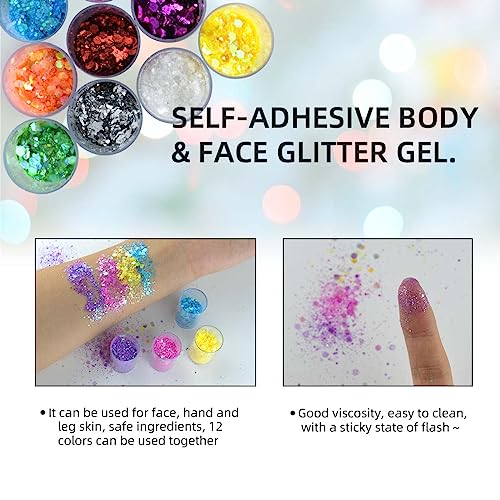 12 Colors Chunky Face Glitter No Glue Cosmetic Body Nail Eye Hair Art Resin Tumbler Glitter Holographic Glitte Glitter Mak...