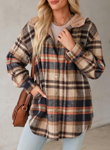 Dokotoo Women's Flannel Hooded Plaid 2025 Shacket Thick Coat Winter Coat for Warmth Button down Warm and Fuzzy Fleece Jacket