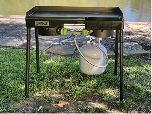 Bayou Classic Dual Patio Camp Stove w/Double Griddle Features Dual 6-in Cast Aluminum Burners 27-in Tall Cooker 13.5-in x ...