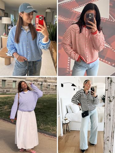 Saodimallsu Womens Striped Cardigan Casual Long Sleeve Open Front Button Down Loose Knit Lightweight Fall Sweaters