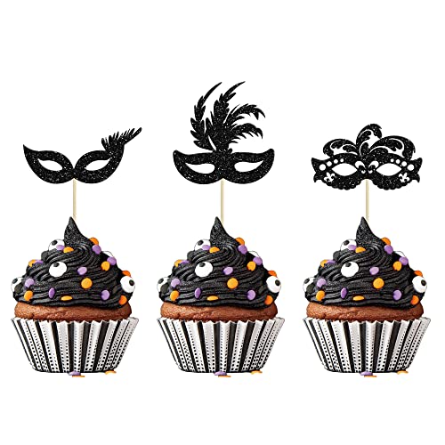 Gyufise 24Pcs Masquerade Masks Cupcake Toppers Glitter Bachelorette Party Mask Cupcake Food Fruit Picks Masquerade Mardi G...
