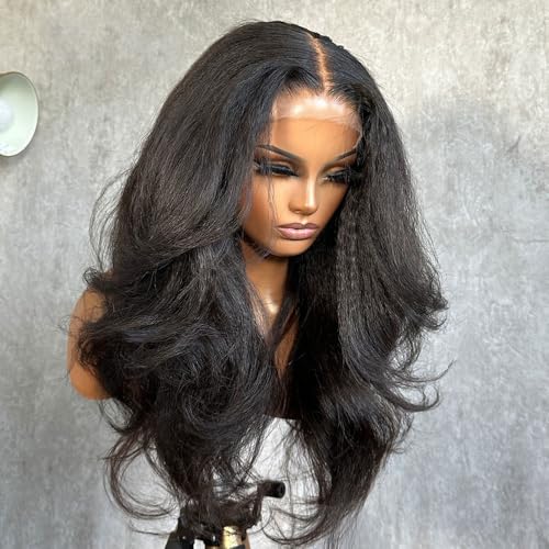 Kinky Straight and Body Wave Wig Glueless Pre Plucked Bleached Knots Lace Front Wig Melted Hairline Ready to Wear 5x5 HD Lace Closure Wigs Human Hair for Women 180% Density (14inches)