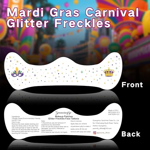 Paminify Mardi Gras Face Glitter Freckles Tattoos,Mardi Gras Outfit for Women,Waterproof Green Gold Purple Temporary Face ...