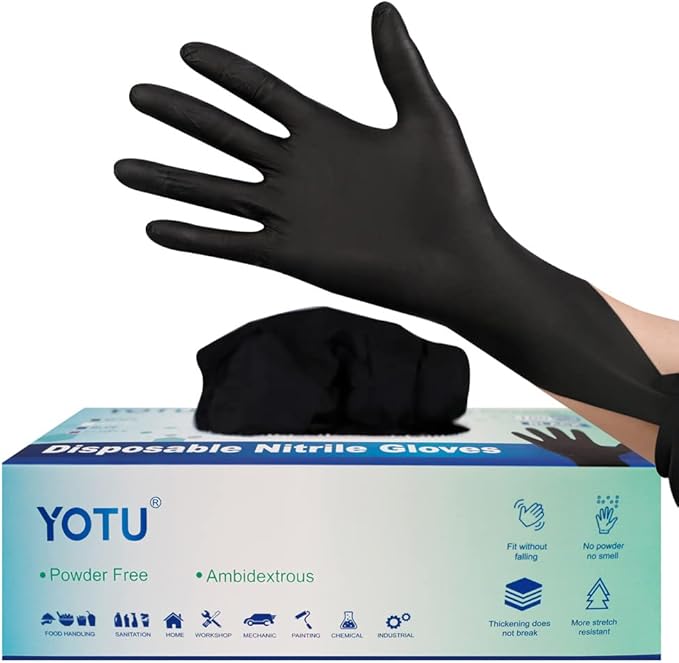 Black Disposable Nitrile Latex & Powder Free 6-Mil Gloves 100 Count, Textured, Mechanic Wearing, Cleaning, Food Black Large