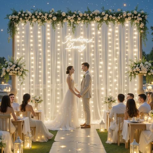 Ivory Sheer Backdrop Curtains with Lights String for Parites Wedding 10×8ft Tulle Backdrop Curtains for Baby Shower Birthd...