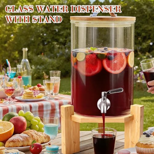 2 Gallon Drink Dispenser,Glass Beverage Dispenser With Wood Stand,Large Water Drink Dispensers for Parties with Anti-block...