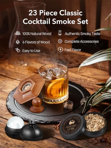 23Pcs Whiskey Smoker Kit with Torch-12 Wood Chips, Ice Ball Mold, Cocktail Smoker Infuser Kit, Old Fashioned Drink Smoker ...