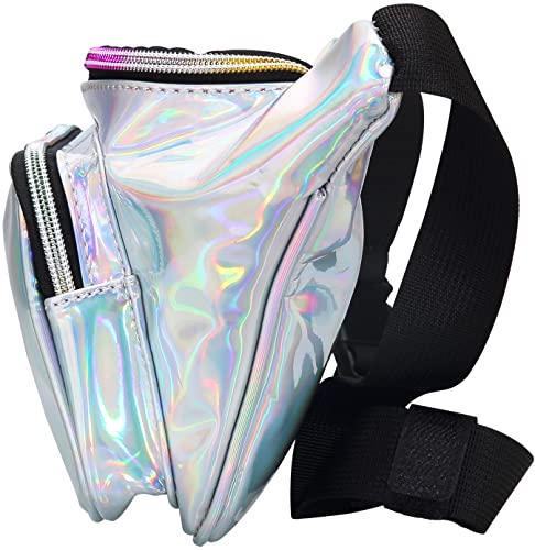 Shiny Neon Fanny Bag for Women Rave Festival Hologram Bum Travel Waist Pack (Silver)