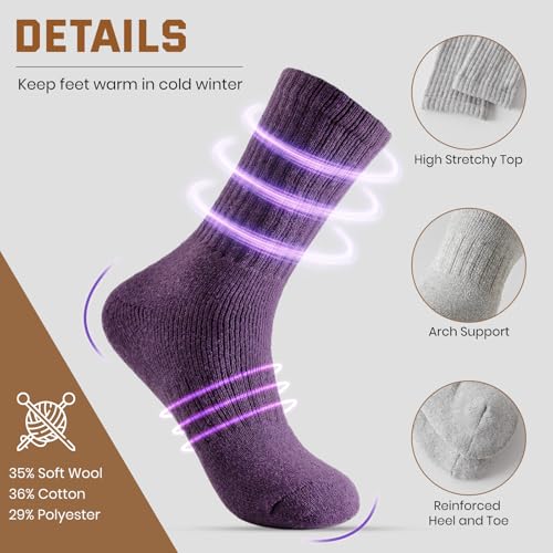 Pleneal Merino Wool Hiking Socks for Men, Thick Thermal Warm Winter Crew Boot Cushion Wicking Socks 5 Pairs for Cold Weather