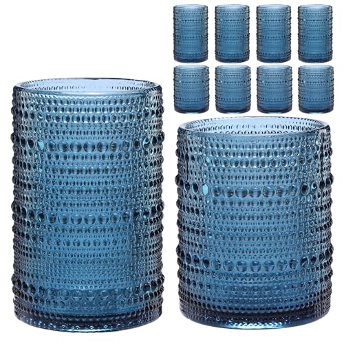 ZMOWIPDL Vintage Hobnail Drinking Glasses Set of 8,Blue 12 oz & 15oz Highball Glass Cups,Kitchen Drinkware Glassware,Embos...