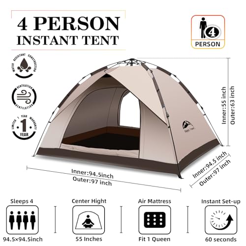 Happy Travel 1/2/3/4 Person Camping Tent, Instant Easy Pop Up Tents for Camping,Automatic Waterproof Family Camping Tent, ...