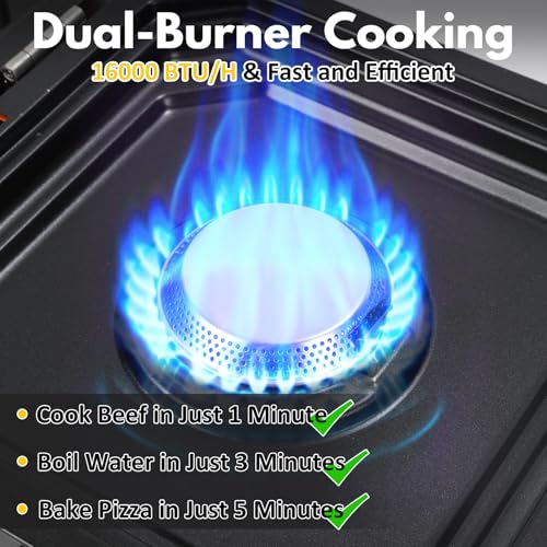 Kirumie Adjustable 2 Burner Popane Stove with 16000 BTU, Flameout Protection, with Camping Grill and Carrying Bag, Portabl...