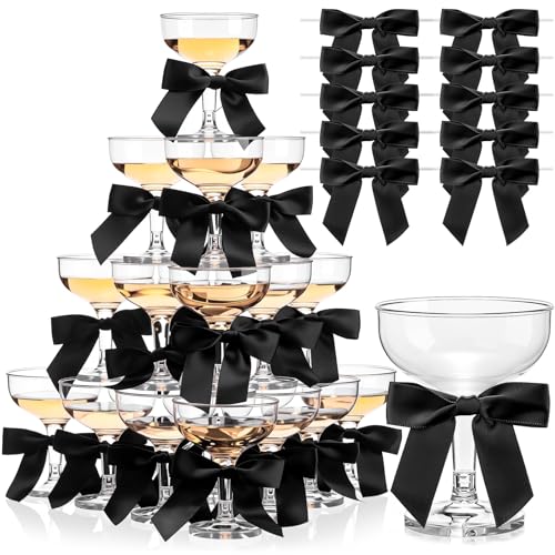 Zopeal 30 Set Champagne Tower Champagne Coupe Cocktail Glasses 5 oz with Satin Ribbon Bows 3.5 Inch Plastic Margarita Mart...