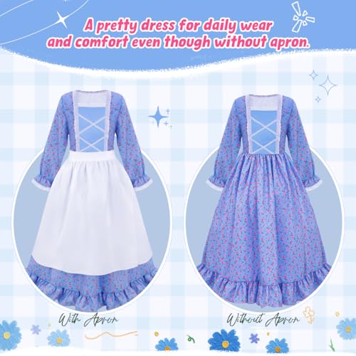 Meland Pioneer Dress for Girls - Colonial Floral Costume with Bonnet, Apron & Purse, Pionner Outfit for Girls 3-10 Years