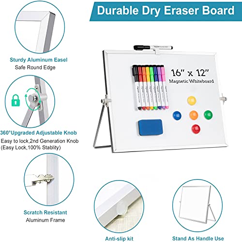 Dry Erase White Board, Cazeyoo Magnetic Desktop Whiteboard 16 x 12inch with Stand, 10 Markers, 4 Magnets and 1 Eraser, Por...
