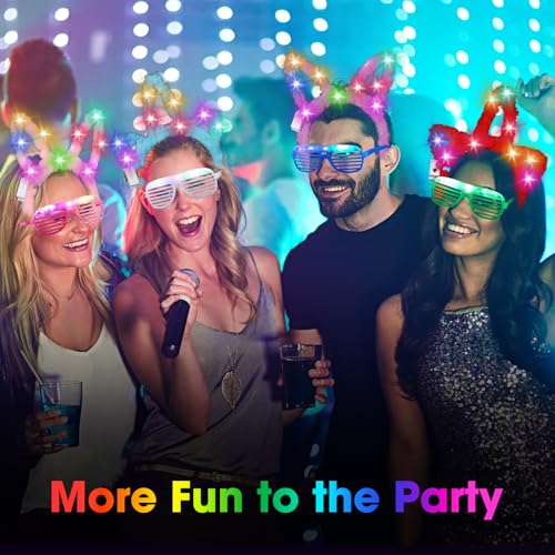 Honoson 30 Pcs LED Light up Glasses Cat LED Cute Headband Cat Ears Sunglasses Glow in the Dark Party Supplies (Long-pile)
