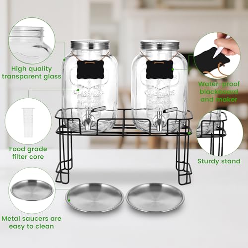 Drink Dispenser, 2 Pack 1 Gallon Glass Drink Dispensers For Parties,Beverage Dispenser, Glass Drink Dispenser With Stand A...
