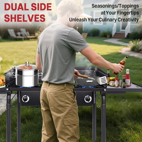 3 Burner Propane Camp Stove | 225,000 BTU Gas Burners | Side Shelves | Windscreen | Waterproof Cover | Detachable Legs | I...