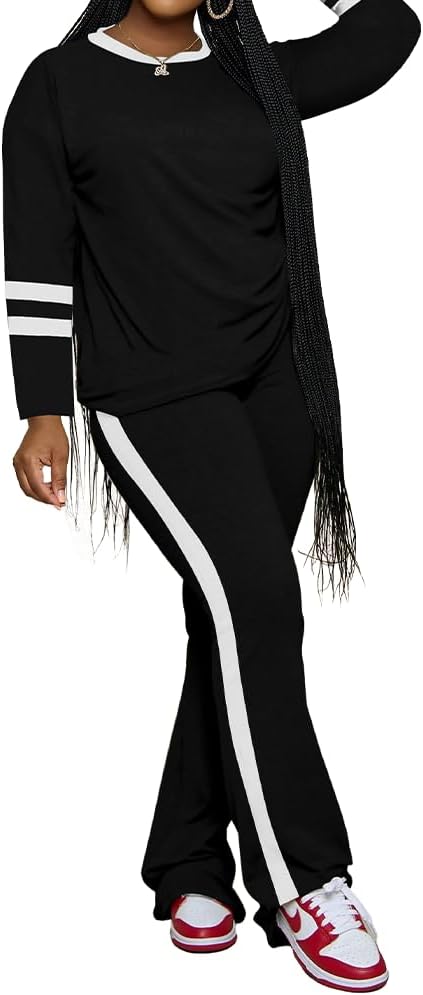 PINSV 2 Piece Sets for Women Fall Casual Outfits Long Sleeve Top and Flare Pants Lounge Sets Track suit