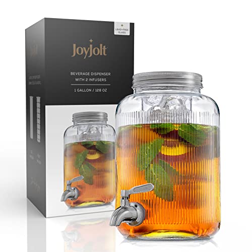 Fluted 1-Gallon Drink Dispenser. Glass Beverage Dispenser with Stainless steel Spigot plus Ice Cylinder and Fruit Infuser!...